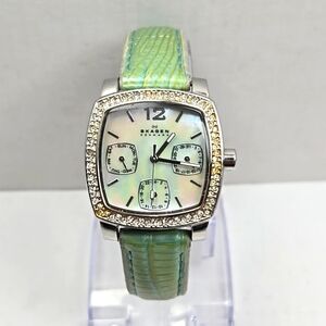 Skagen Denmark Watch Women 30mm Silver & Green Day Date MOP Dial New Battery